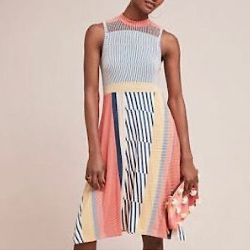 Maeve Anthropologie Womens Cleary Mock Neck Striped Dress Size Large Orange
